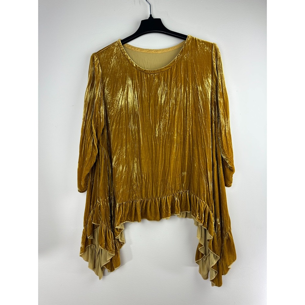Hearts Desire Butterfly Top Long Velvet Gold Ruffle Asymmetric Tunic Medium - Picture 12 of 13